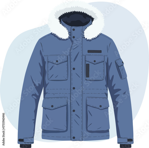 Blue hooded winter parka jacket with fur trim and pockets for outdoor adventures isolated on transparent background