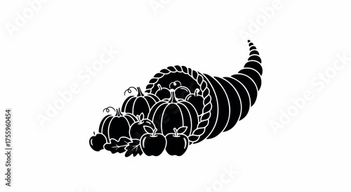 Abundant harvest cornucopia overflowing with pumpkins, apples, and autumn leaves