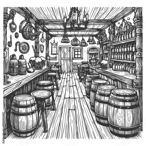 old tavern interior featuring wooden barrels, bottles, rustic tables, lanterns, and decorative windows sketch engraving generative ai vector illustration. Scratch board imitation. Black and white.