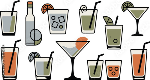 Illustration Featuring Various Cocktail Drinks with Garnishes, Straws and a Bottle on a White Background