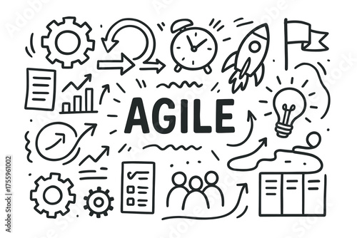 Agile methodology concept with icons and design elements in black and white