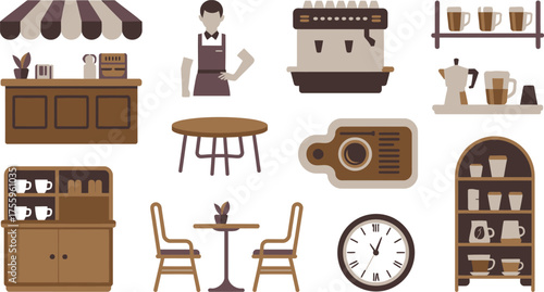 Illustration of a Coffee Shop Interior with Staff, Furniture, and Coffee Equipment