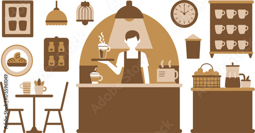 Illustration of a Coffee Shop Interior with a Barista Serving Coffee and Food Items Displayed