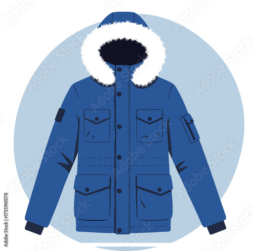 A blue winter parka jacket with a fur hood featured on a light blue background isolated on transparent background