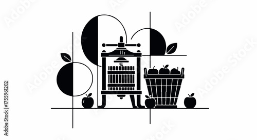 Artistic illustration of an apple press and basket, evoking harvest and traditional cider making