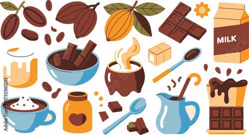 Illustration of Chocolate Ingredients Cocoa Beans, Milk, Chocolate Bars, Drinks, and Desserts