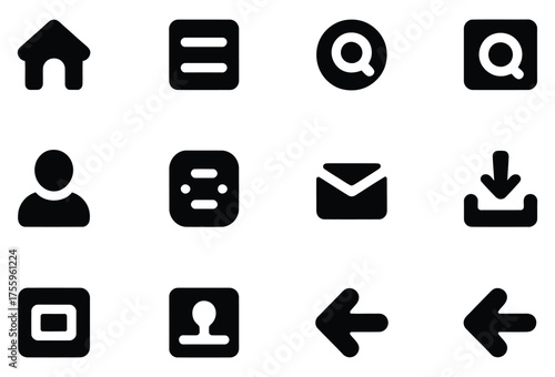 Modern essential icons for websites and apps home menu search profile mail download back forward