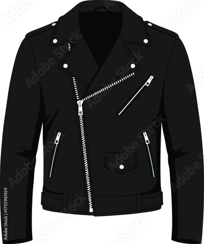 Stylish black leather biker jacket with silver hardware for a rocker look isolated on transparent background