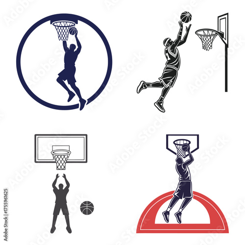 Dynamic basketball player silhouettes dunking and shooting for sports graphics