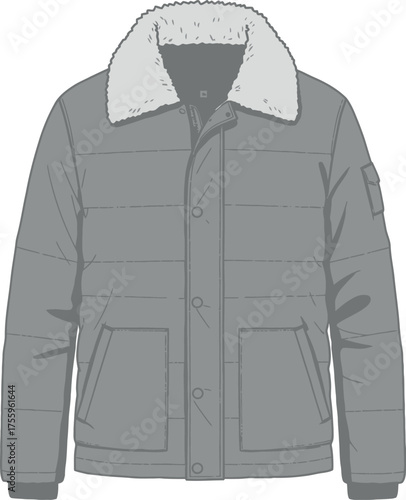 Modern gray puffer jacket with white collar and front pockets fashion apparel isolated on transparent background
