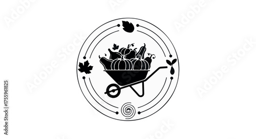 Harvest bounty of fresh vegetables and pumpkins in a wheelbarrow, surrounded by autumn leaves and garden icons.