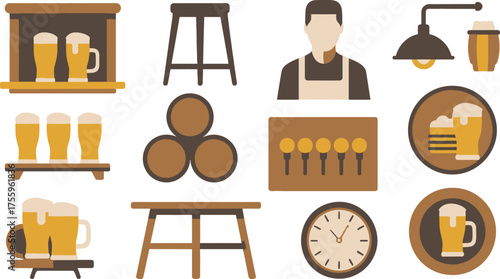 Illustration of Pub Elements Bar Shelves, Beer, Stools, Bartender, and Other Bar Accessories