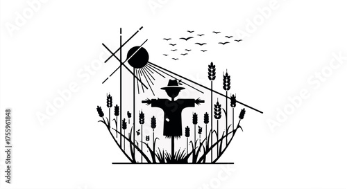 Whimsical scarecrow stands guard in a stylized field under a bright sun with flying birds.