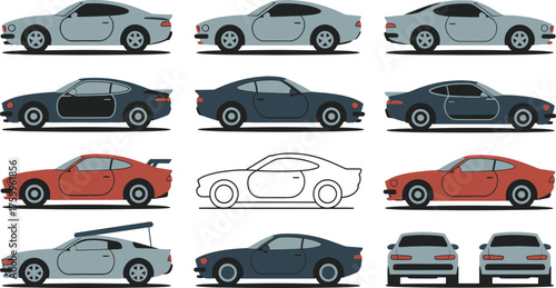 Illustration of Sport Cars in Various Colors and Styles, Including Outline Version