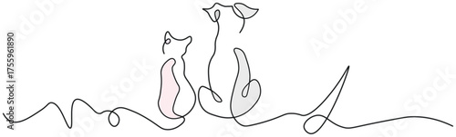 Charming minimalist continuous line art captures the heartwarming bond between a cat and dog sitting side by side, perfect for pet lovers and creative designs