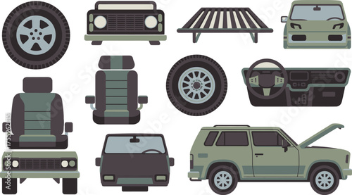 Illustration of Vintage OffRoad Car Parts and SUV Components Isolated on White