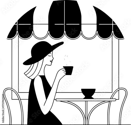 Elegant Woman Relaxing at Outdoor Cafe with Coffee