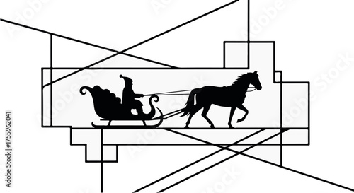 Whimsical silhouette of Santa in a sleigh pulled by a horse, set against a geometric abstract background.