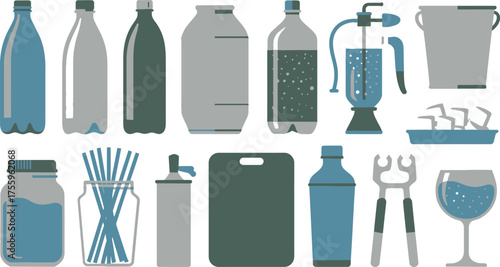 Illustration of Various Kitchen Utensils, Bottles, Jars, and Drinkware Isolated on White