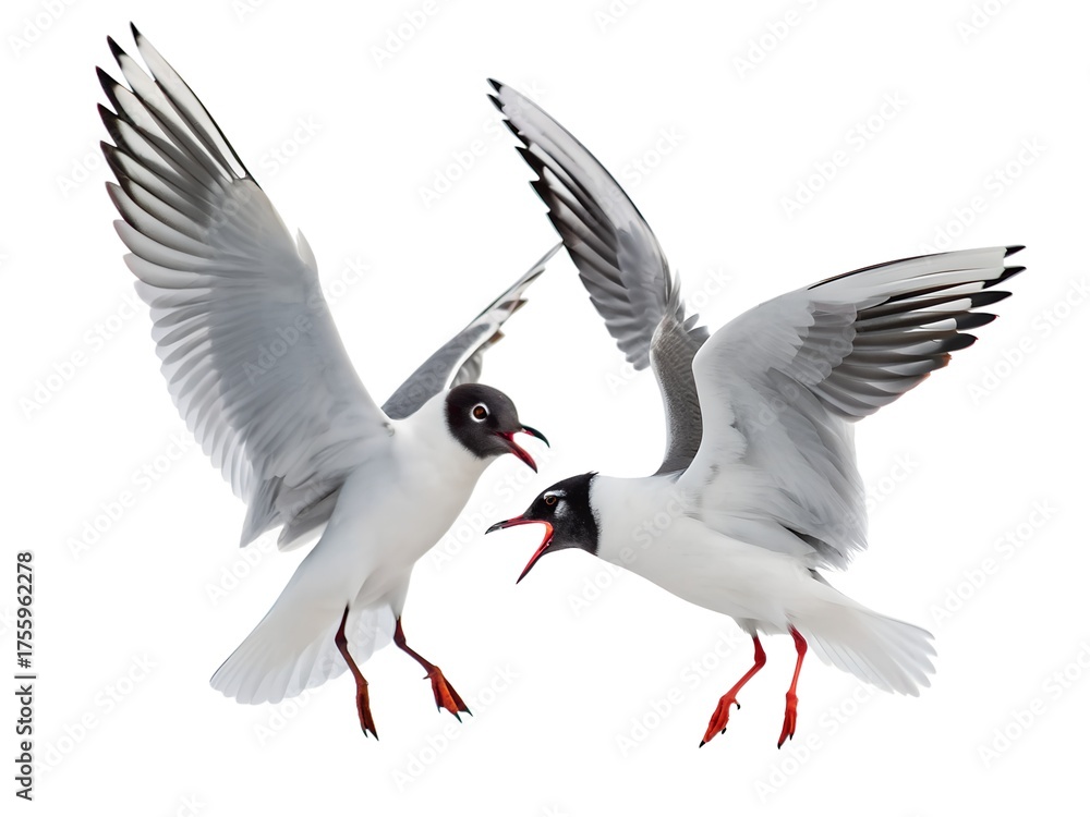 Obraz premium Bonaparte’s Gulls Fighting Mid-Air Isolated on White
