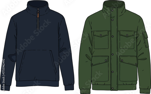 Two stylish men's jackets navy blue and olive green showcased side by side for fashion display isolated on transparent background