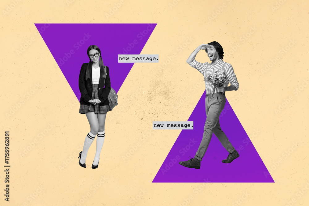 Obraz premium Poster trend collage of people ate walk stand in triangle shape chat new message on yellow background