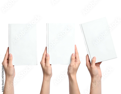 Three sets of hands holding white-covered books against a transparent background