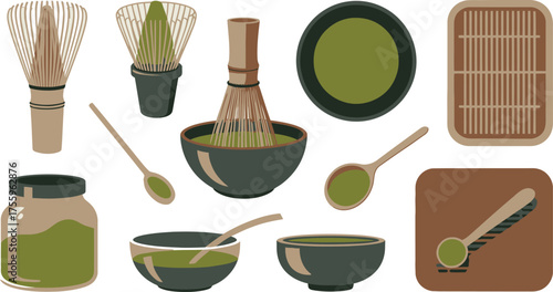 Matcha Tea Preparation Still Life with Whisk, Bowls, Spoons, Bamboo Mat, and Storage Jar