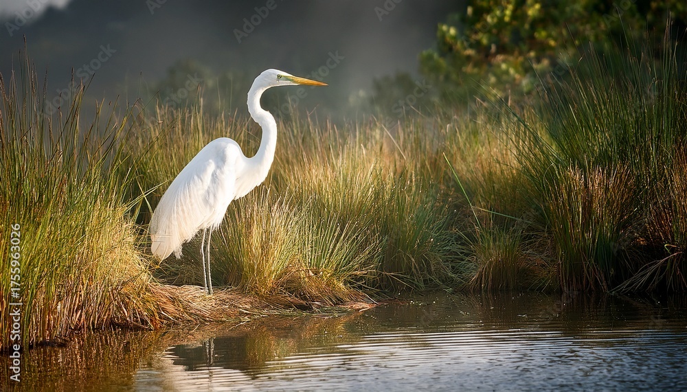 Fototapeta premium Great Egret Standing At Edge Of Marsh