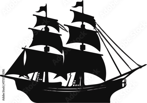 Pirate ship silhouette vector illustration. Vintage sailing ship with sails and Jolly Roger flag for adventure, marine, and nautical themes. Perfect for logo, poster, t-shirt, and pirate-themed design