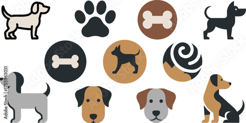 Minimalist Dog Icons, Including Full Body Poses, Paw Print, Bone Shapes, And Canine Faces