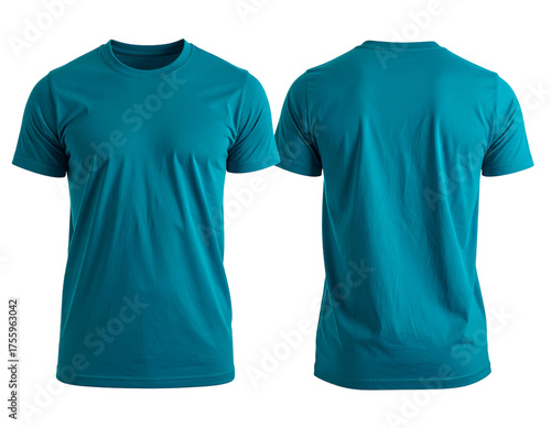 Front and back view of a plain, teal-colored short-sleeved crew neck t-shirt on black background