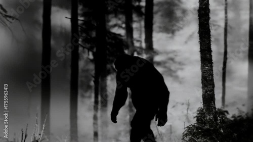 Bigfoot creature walking in a misty forest