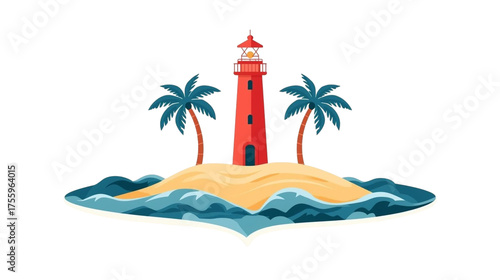 Idyllic Tropical Island Scene with Red Lighthouse Surrounded by Ocean Waves and Palm Trees