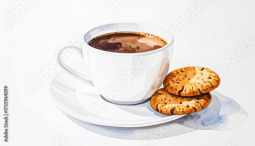 Watercolor painting of a simple coffee cup with two cookies on saucer, white background