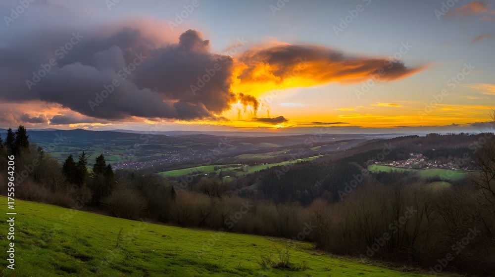Fototapeta premium peace. A breathtaking sunset sky panorama with vibrant warm hues and glowing clouds. inspiring travel planning, travel magazines, designed for travel destination branding, inspires travel planning.