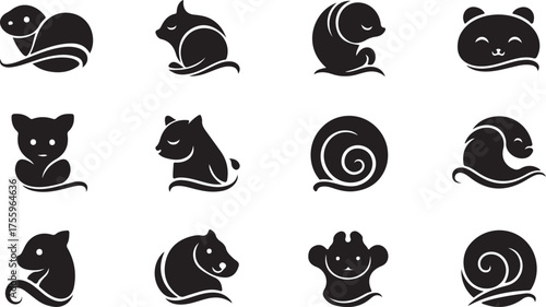 animal icons set isolated on white black 