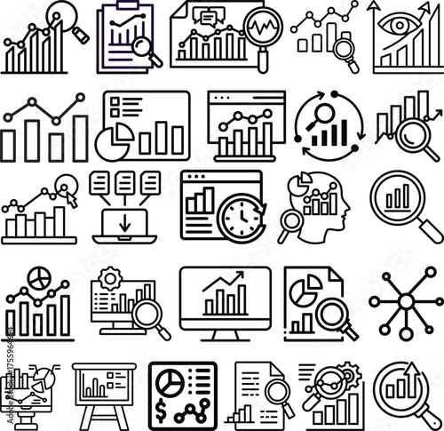 Data Analytics icon collection. Minimalist icons pack. Containing analytics, research, analysis, data, computing, statistics, management. Editable stroke collections. Analysis icon set.