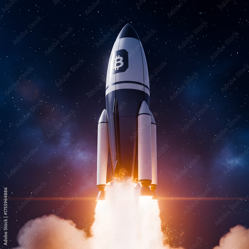 Naklejka premium Rocket with Bitcoin Logo Launching