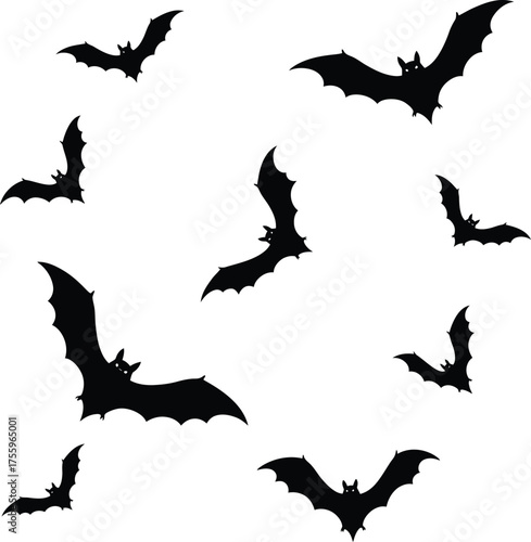Spooky silhouette bats flying in a cluster for halloween decorations and themed party designs isolated on transparent background