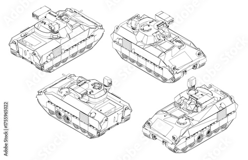 Military tank blueprint set with four unique armored vehicle designs. Each contour drawing clearly displays tracks, turrets, and distinctive military features on white background.
