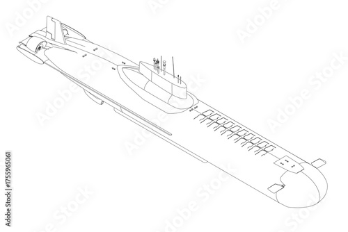 Modern submarine contour drawing on white background features detailed sketch. Isometric view. Vector illustration