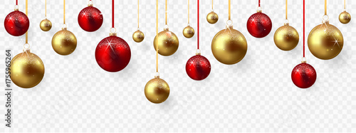 Red and gold christmas balls with shadow isolated on transparent background	
