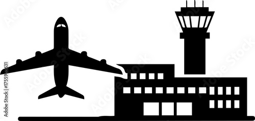 Black silhouette vector icon of  aeroplane and airport