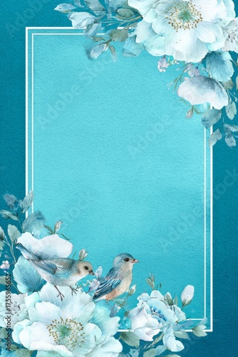 blue frame design with background, blue and green flowers,