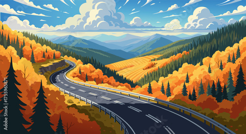 Scenic Autumn Drive Through Rolling Hills with a Winding Road Under a Cloudy Sky