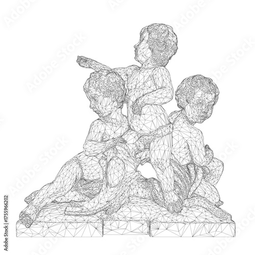 Three children stacked in a wireframe sculpture form an intricate black and white drawing. The minimalist style highlights their playful interaction against a plain white background.
