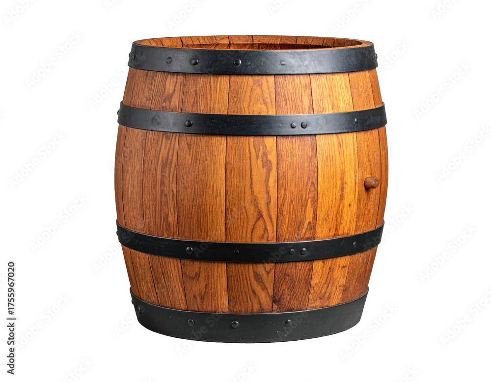Fototapeta premium A close-up of a wooden barrel with dark metal bands and a wooden bung on a black background