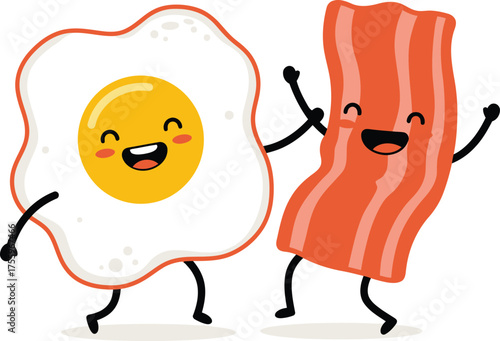 Happy cartoon fried egg and bacon characters dancing together in a fun breakfast scene isolated on transparent background