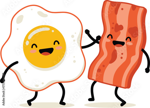 Cute kawaii fried egg and bacon characters friends happy breakfast food art isolated on transparent background